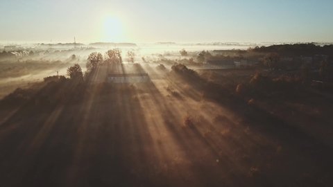AERIAL: Fields And Dense Fog At Sunrise. Flight over early morning grassland meadow covered in mist. Sun shining through clouds, calm, meditative cinematic view.