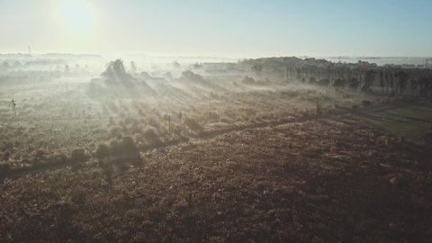 AERIAL: Fields And Dense Fog At Sunrise. Flight over early morning grassland meadow covered in mist. Sun shining through clouds, calm, meditative cinematic view.