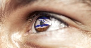 man with brown eyes in close up, the flag of Israel in iris with wind motion. video concept