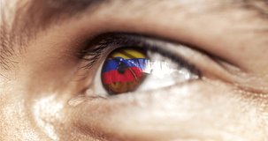 man with brown eyes in close up, the flag of venezuela in iris with wind motion. video concept