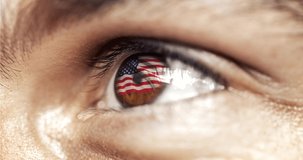 man with brown eyes in close up, the flag of usa in iris with wind motion. video concept