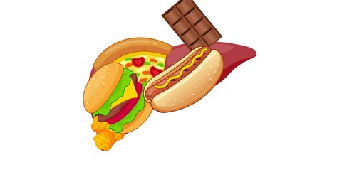 Unhealthy food in shape of liver. Fatty liver awareness concept.  Health care info-graphic animation on white backround.
