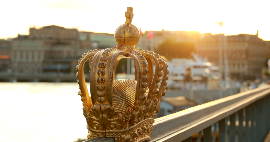 Stockholm, Sweden. Skeppsholmsbron - Skeppsholm Bridge With Its Famous Golden Crown In Stockholm, Sweden. Famous Popular Place Landmark Destination. Scandinavia Travel. Copy Space