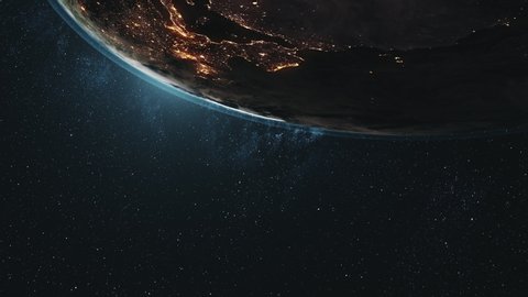 realistic Earth orbiting Sun over world skyline. Planet rotating view from outer space. Star twinkle. 3d render animation. Astronomy concept. 4K. Elements of this media furnished by NASA