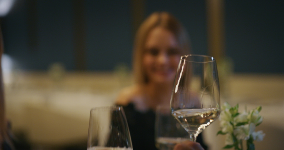 Close up of an elegantly dressed friends are clinking with wine glasses during a festive dinner at a well-served table at the luxury restaurant. Royalty-Free Stock Footage #1042473187