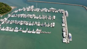 Phuket yacht pier aerial top view 4K video from drone camera 