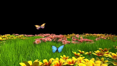 Flowery Meadow with Blue and Multicolor Butterflies Alpha Matte 3D Animation Rendering 4K