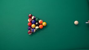 Overhead View of Breaking Racked Pool Balls in Eight-Ball Formation on Green Billiards Table for Start to Play. 4K Footage - Powered by Shutterstock - Get 15% off with code: PIKWIZARD15