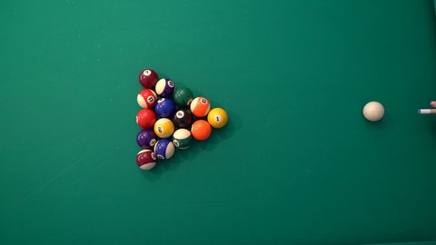 Overhead View of Breaking Racked Pool Balls in Eight-Ball Formation on Green Billiards Table for Start to Play. 4K Footage