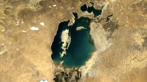 Lake Aral drying out 1984 - 2019 satellite timelapse 4k cloud free animation from space. Contains public domain images from NASA.