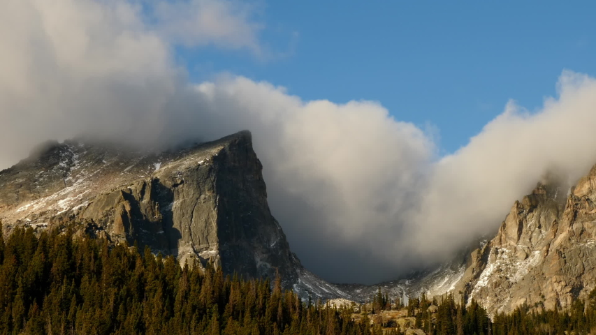 Time Lapse of the clouds moving above the rugged mountains in the Rocky Mountains National Park in Colorado USA.