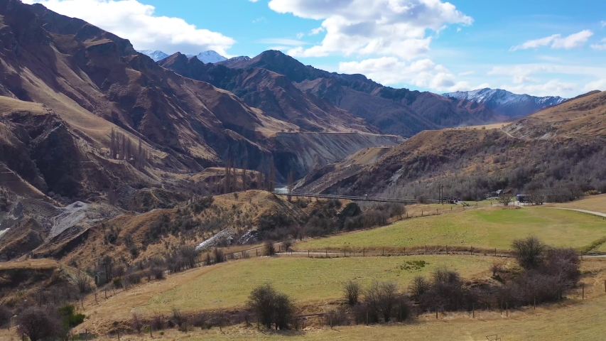 QUEENSTOWN, NEW ZEALAND - CIRCA 2010s - aerial over the Shotover River Valley near Queenstown, New Zealand.