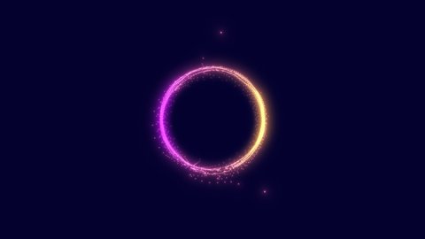 Round animated frame of the particles. Orange, purple colors on a dark blue background. 4K. Looped footage.