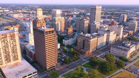 MEMPHIS, TENNESSEE - CIRCA 2010s - Good aerial establishing shot of downtown city center and business district of Memphis Tennessee.