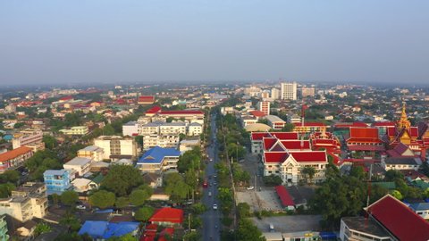 Aerial view of residential buildings in Phra Prathom Chedi district, Nakhon Pathom, Thailand. Urban city in Asia. Architecture landscape background.