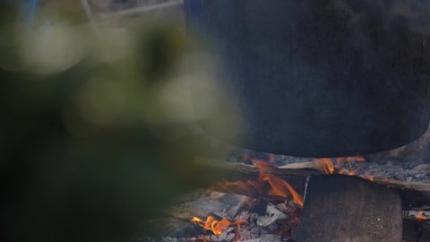 Wooden fire under steaming cauldron close up