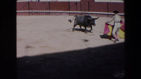 BARCELONA SPAIN-1971: Bull Stadium Mantador Scary Charging Hit Fell Outside Running