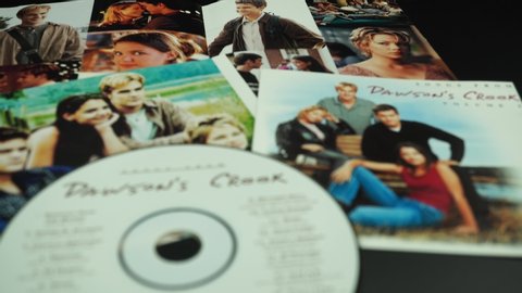 Rome, November 09, 2019: OST CD of three 90's teen dramas: Dawson's Creek. broadcast in the United States from 1998 to 2003, for a total of six seasons and 128 episodes