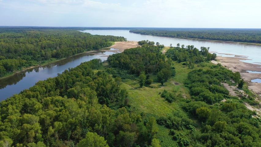 GREENVILLE, MISSISSIPPI - CIRCA 2010s - Aerial over an unpopulated natural area region of the Mississippi River, near Greenville, Mississippi.