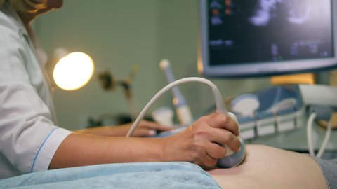 Doctor uses ultrasound equipment while checking pregnant woman.