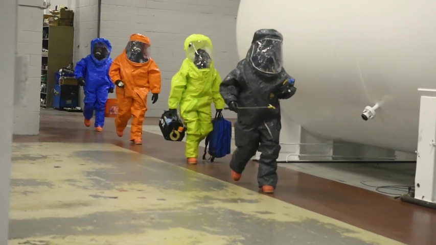 CIRCA 2019 - a chemical spill or poison gas attack hazmat simulation is conducted by U.S. army personnel. Royalty-Free Stock Footage #1042512334