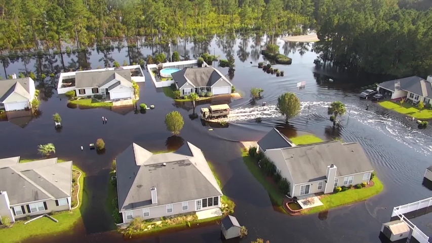 CIRCA 2018 - aerial shot over a flooded neighborhood in South Carolina in the aftermath of Hurricane Florence.