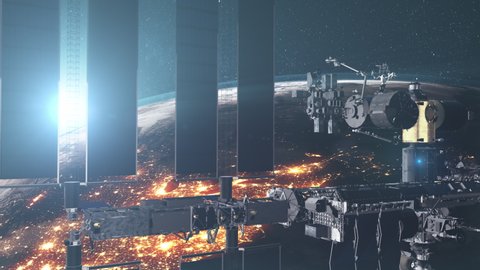 ISS with solar panel rotate over Earth atmosphere. Close up International Space Station against realistic illuminated mainland. Sunrise world skyline. 3d animation. 4K. Elements media furnish by NASA