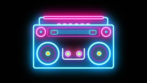 Abstract neon Retro Boombox Music Tape Recorder Radio Old Vintage cassette player for partys and dance occasions. Ghetto blaster with looping vibrating speakers and rolling cassette. Seamless VJ loop