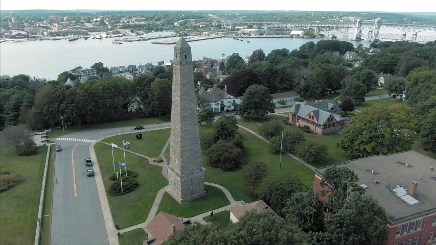 Aerial: Memorial at Fort Griswold Battlefield State Park, Groton, Connecticut, USA 