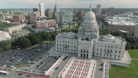 Aerial over the Rhode Island State House Capitol building, Providence, Rhode Island, USA. 27 August 2019 
