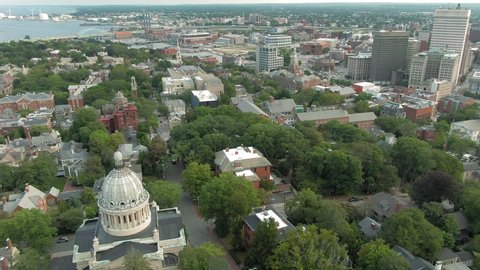 Aerial flying over suburb of College Hill, Brown University & downtown Providence, Rhode Island, USA. 