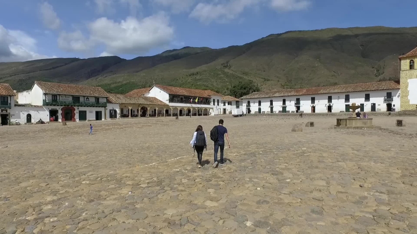 Villa de Leyva, Colombia, aerial view of the touristic colonial town and municipality. National Monument 60FPS