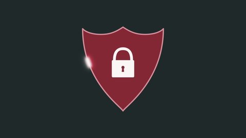 cartoon style animation of a shield with a padlock, concept of computer security, luma matte for background replacement