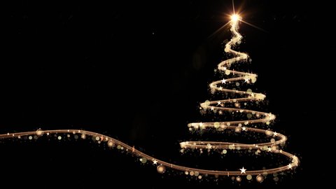 Glowing gold Christmas tree animation with snow and light on black. 4k