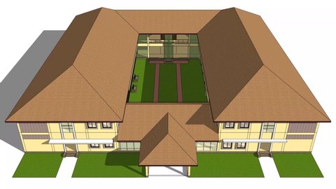 Simulation of exterior view for housing projects in tropical passive design with natural ventilation, orientation, daylight