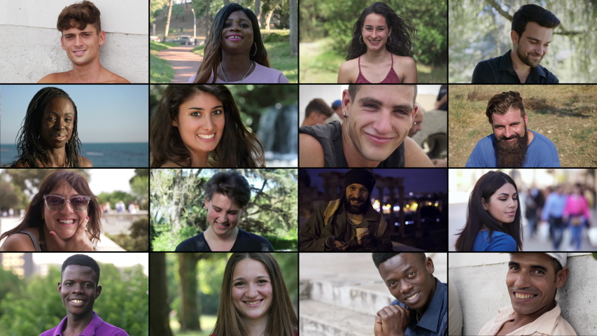 Multiscreen on Multiethnic young people smiling at camera. Joy, fun smiling | Shutterstock HD Video #1042564522