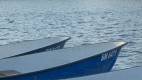 Ungraded: Boat rental. Empty blue metal boats with cyrillic Russian numbers swaying on the water surface. Ungraded H.264 from camera without re-encoding.