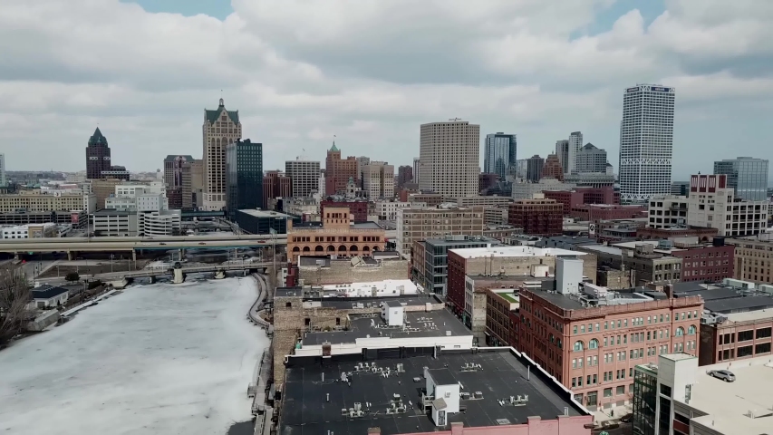 Milwaukee/Wisconsin  Aerial video from Milwaukee in the winter     taken by drone camera Royalty-Free Stock Footage #1042582066