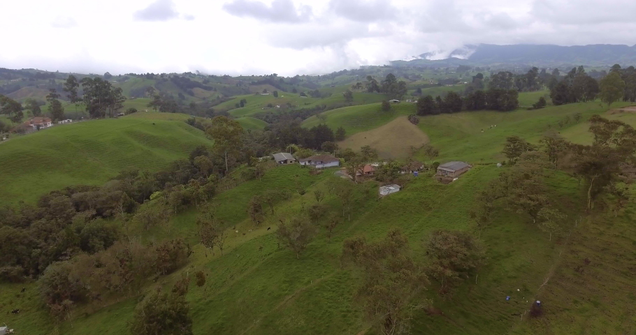 Green Hill full of Houses, Green Grass, Cows and Trees on a Cloudy Day