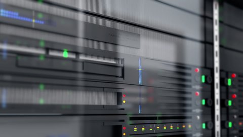 Slow tracking shot of server units in cloud service data center showing flickering light indicators for massive data connection bandwidth, close up shot.