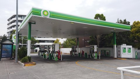 Sydney NSW Australia - Nov 30 2019: BP Petroleum oil station near pacific highway in chatswood. The LED display shows the prices of fuel. gas station in summer day. British Petroleum.