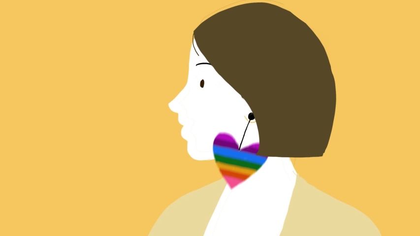 Young woman with rainbow earring.Cartoon hand drawn animation on yellow background.