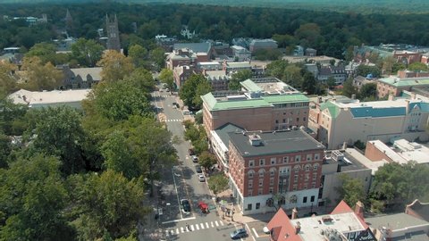 Aerial: Establishing shot of the town of Princeton, home of Princeton University. New Jersey, USA. 25 August 2019. 