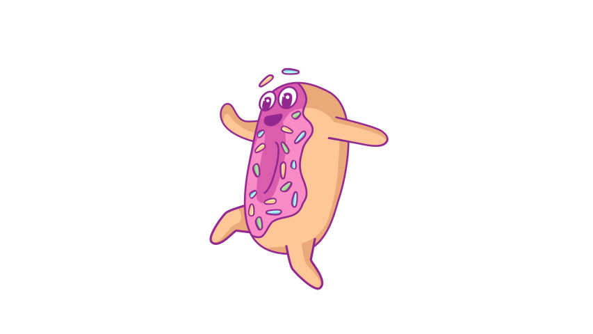 Cartoon happy smiling donut character with pink glaze jumps fun. Good for stickers