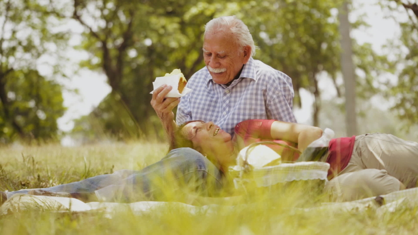 Old people, senior couple, elderly man and woman, husband and wife in park, retired seniors, retirement age. Outdoor activities, leisure, fun, recreation. Grandpa and grandma eating food at pic-nic Royalty-Free Stock Footage #1042616851