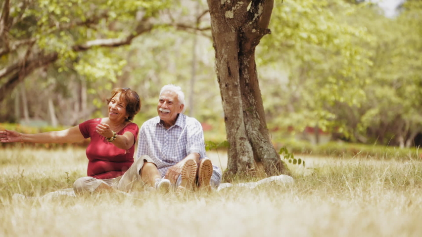 Old people, senior couple, elderly man and woman, husband and wife in park, active seniors, retirement age. Outdoor family fun. Happy grandpa and grandma hugging boy, child, kid at picnic. Slow motion Royalty-Free Stock Footage #1042616863