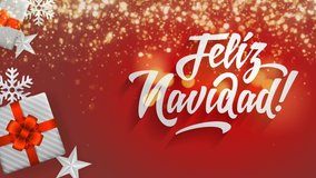 Feliz Navidad - Merry christmas in Spanish.  Red flat looped video with design elements, snowflakes, stars and calligraphy