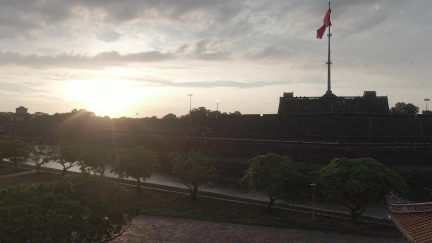 Aerial Drone Footage of Hue Citadel, Imperial Royal Palace, Hue, Vietnam in Sunset