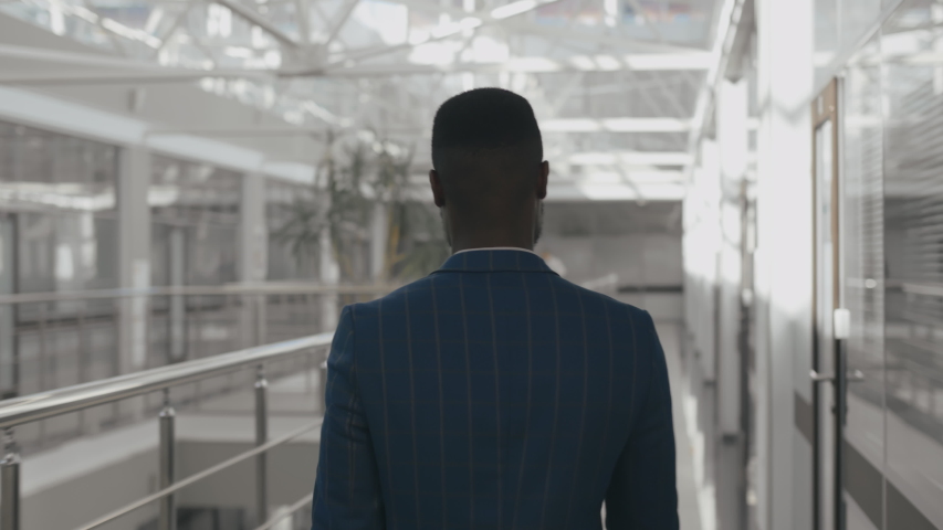 Back view successful of african-american businessman walking in business center after corporate meeting Royalty-Free Stock Footage #1042622740