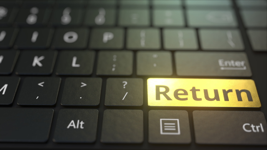 Black computer keyboard and gold return key. Conceptual 3D animation
